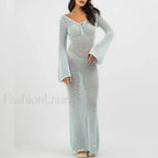 Knitted Long Sleeve V Neck Tie Up Cover Up Blue / S