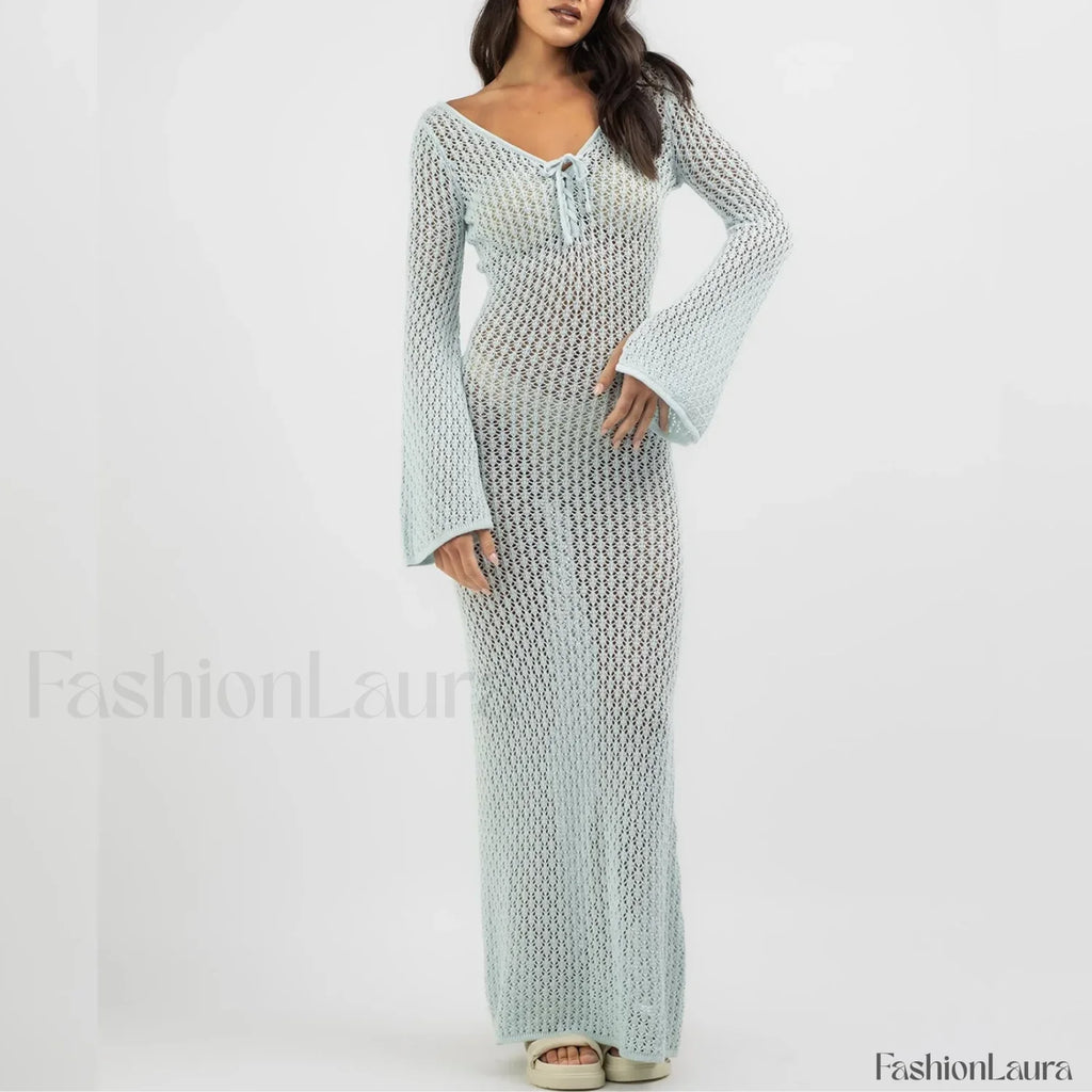 Knitted Long Sleeve V Neck Tie Up Cover Up Blue / S