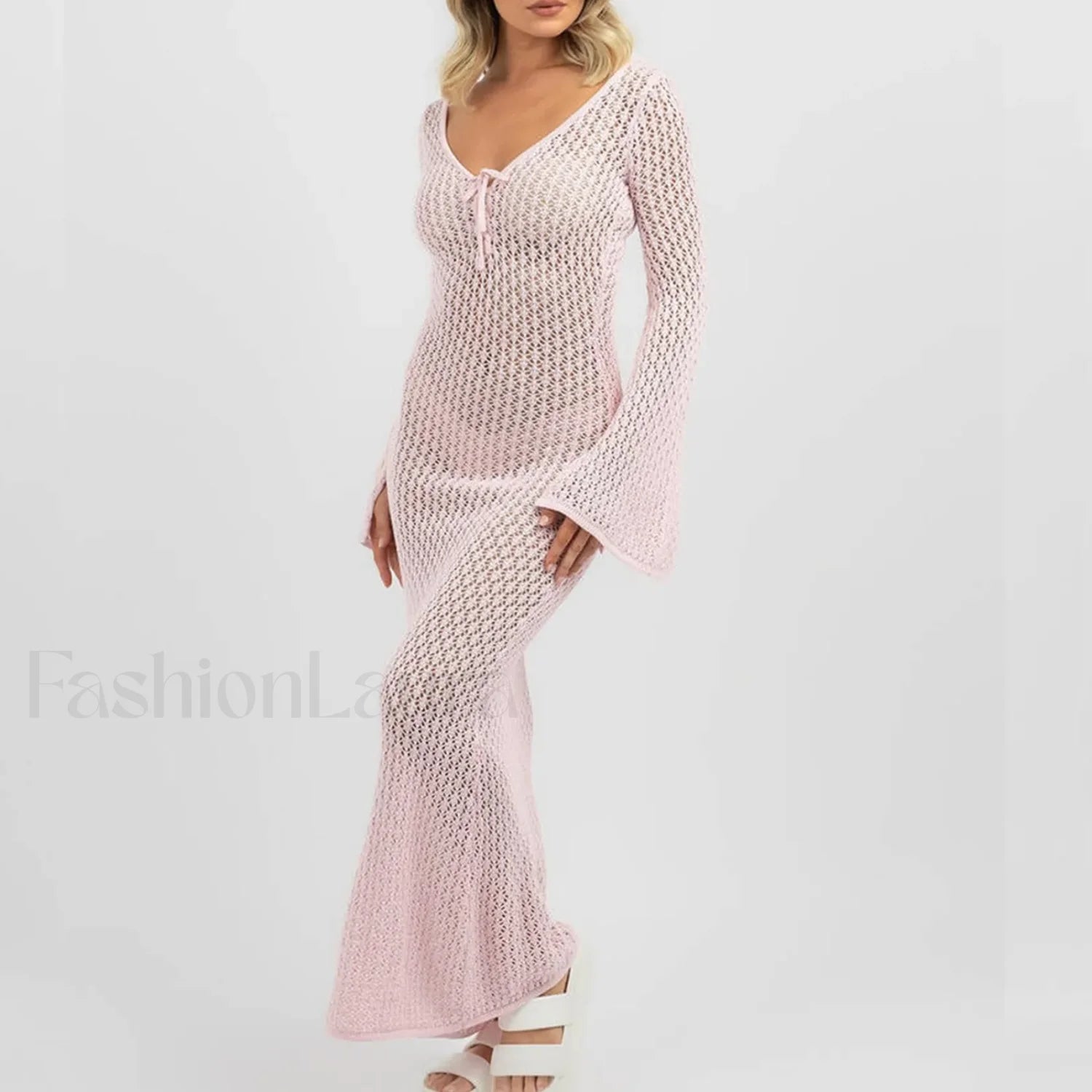 Knitted Long Sleeve V Neck Tie Up Cover Up Pink / S