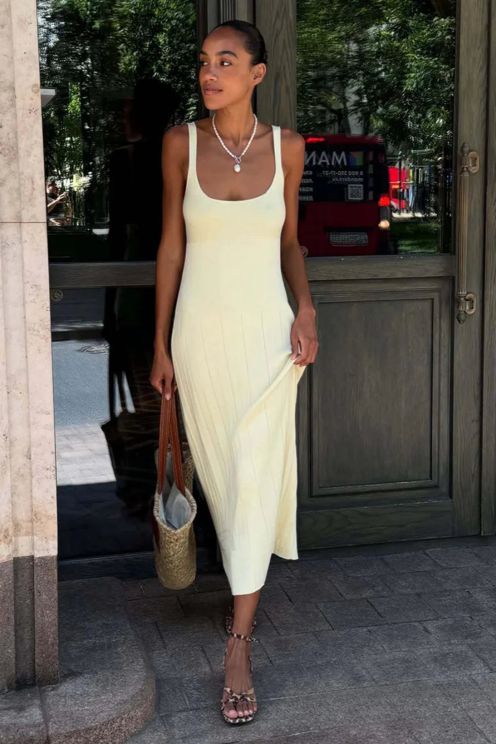 Knitted Sleeveless Halter Strappy Maxi Dress Light yellow / S Main image