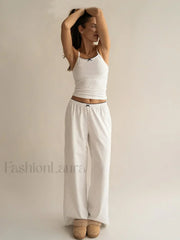 Knitted Sleeveless Strap Pants Two Piece Set WHITE / S