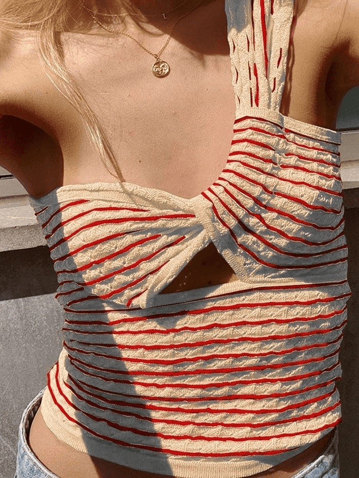Knitted Stripe One Shoulder Tank Top Beige / S Tops&Tees Main image