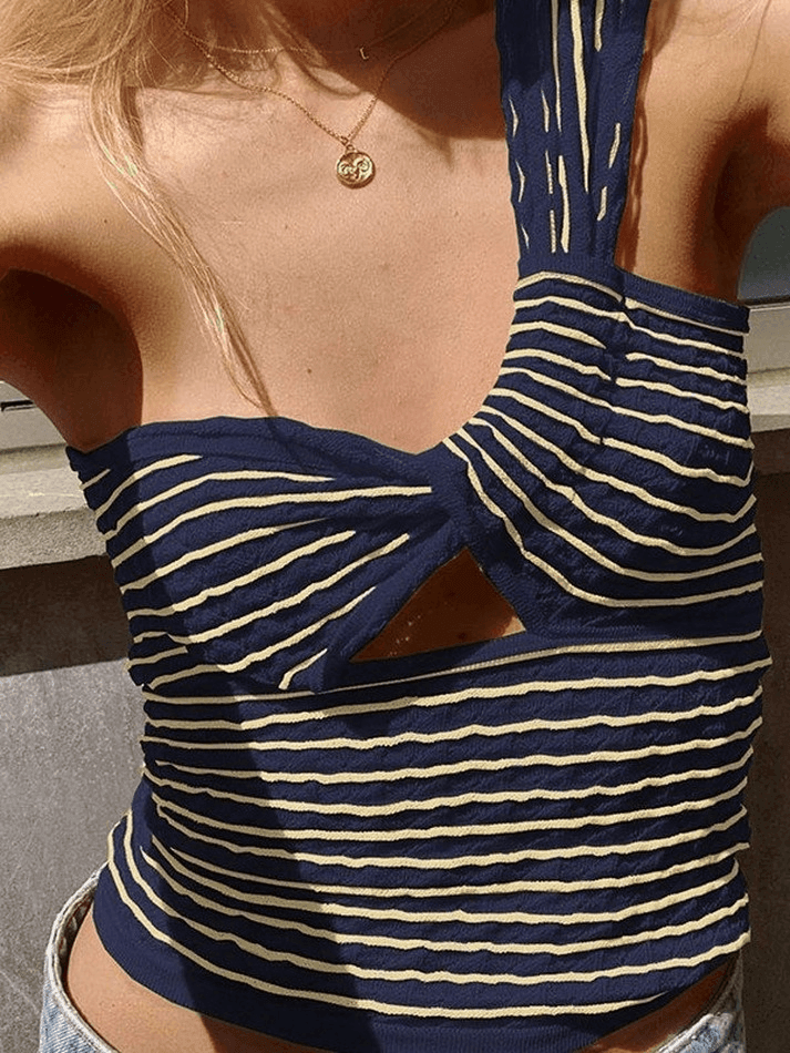 Knitted Stripe One Shoulder Tank Top Blue / S Tops&Tees