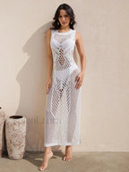 Knitted Transparent Long Dress Cover Up WHITE / One Size