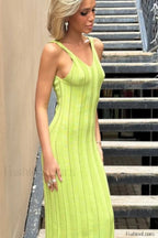 Knitted V Neck Sleeveless Halter Maxi Dress Yellow green / S