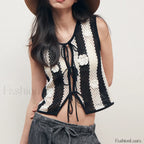 Knitted Waistcoat Autumn Stripes Bow Lace Up Crop Top Black / S