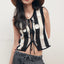 Knitted Waistcoat Autumn Stripes Bow Lace Up Crop Top Black / S