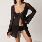 Knitting Cutout Long Sleeve Cover Up Black / S