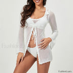 Knitting Cutout Long Sleeve Cover Up WHITE / S