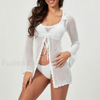 Knitting Cutout Long Sleeve Cover Up WHITE / S