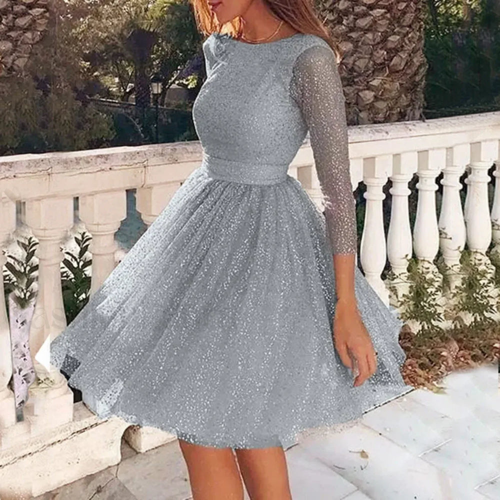 Korean Fashion Mesh Party Summer Long Sleeve Ruched Sequin Gauze Vacation Beach Midi Prom Dress Grey / S
