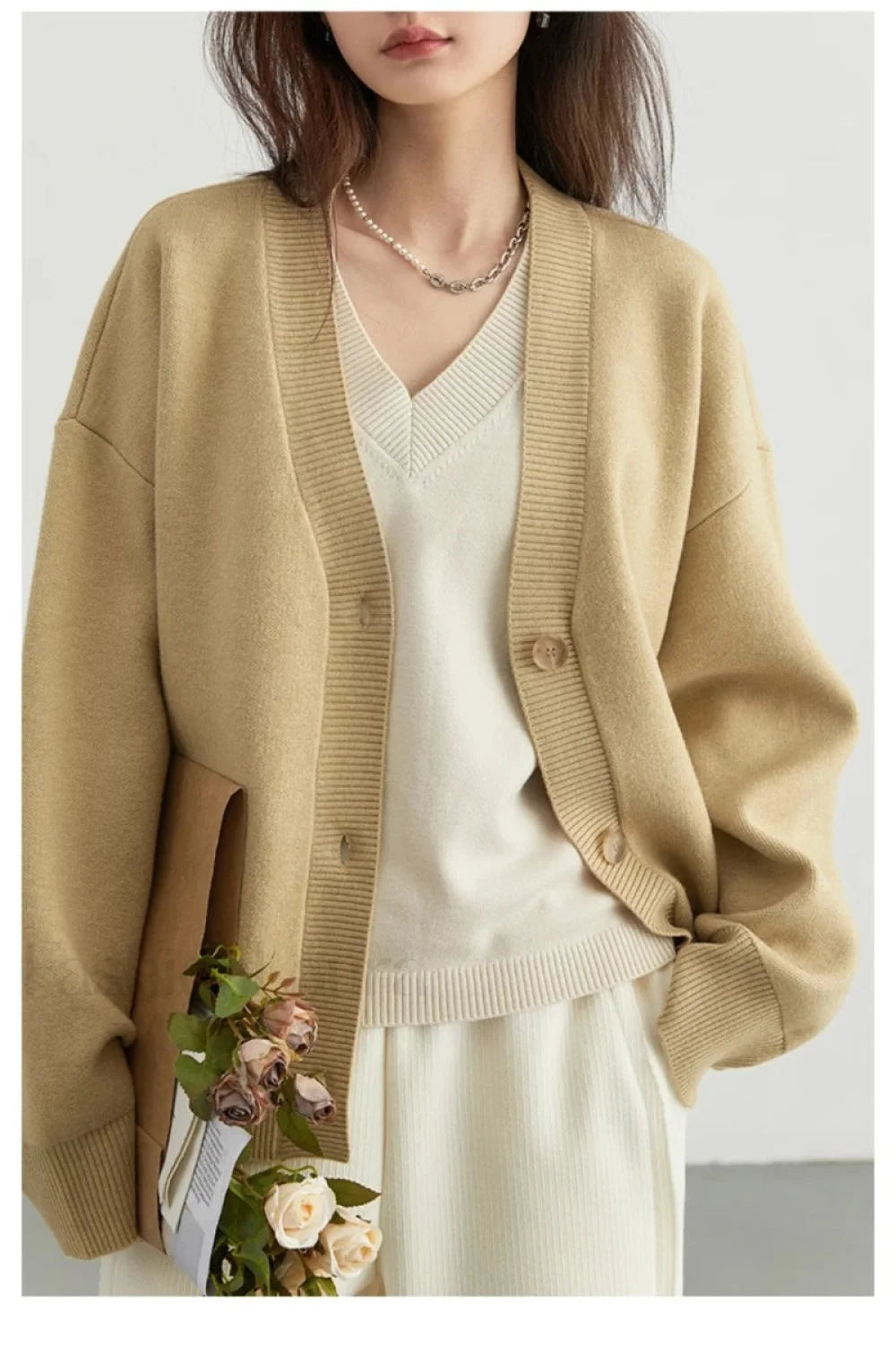 Korean Style Long Sleeve Cardigan Khaki / S