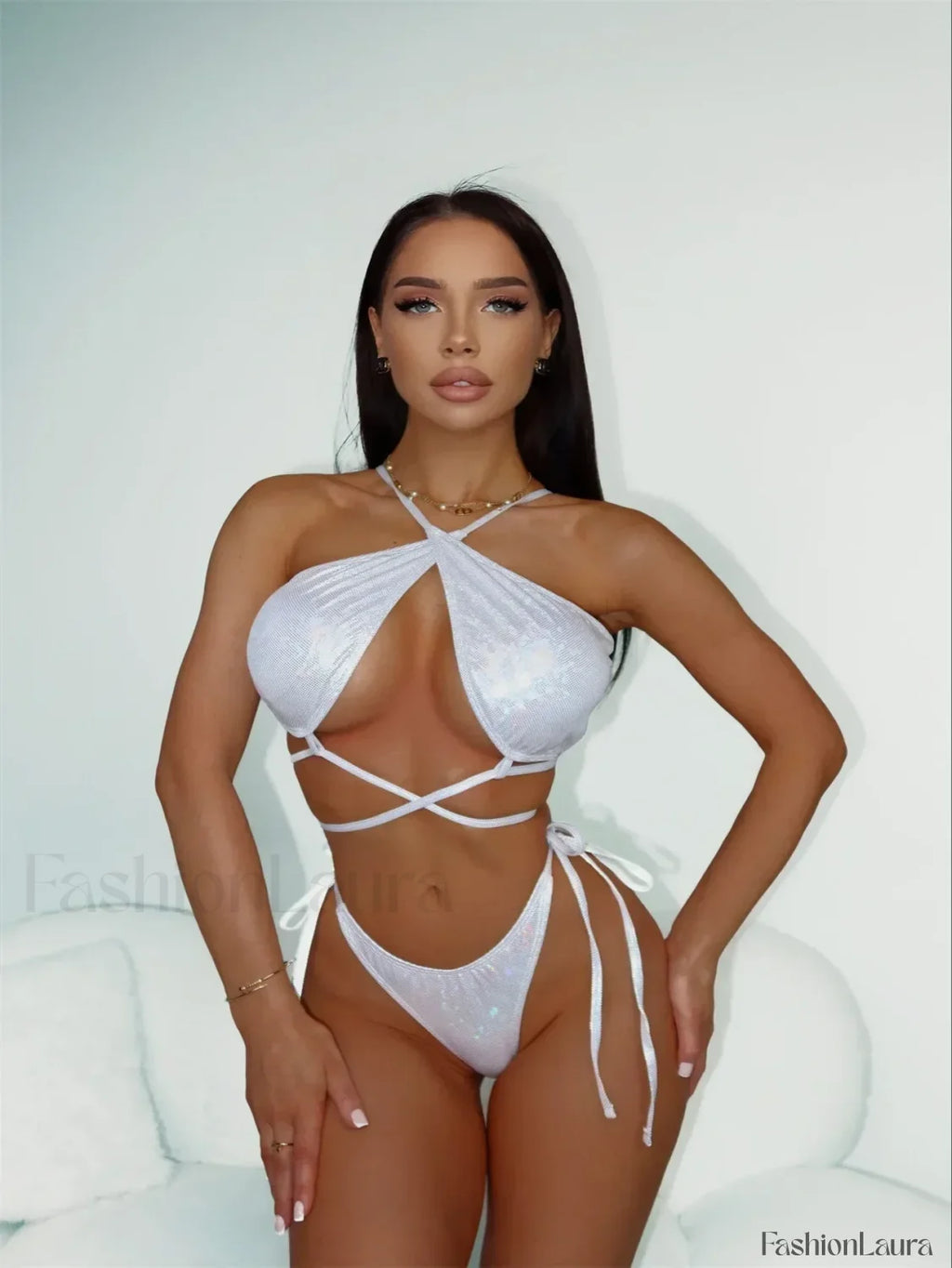 Lace Backless Split Sexy Bikini Set White / S
