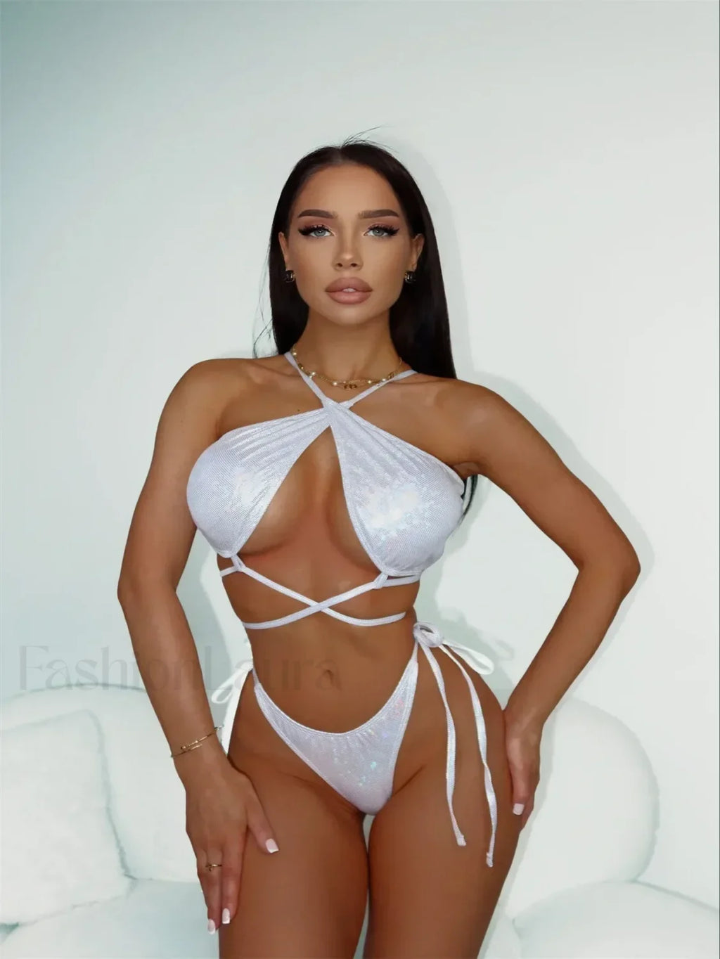 Lace Backless Split Sexy Bikini Set White / S