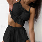 Lace Camisole Pajama Shorts Two Piece Set Black / S