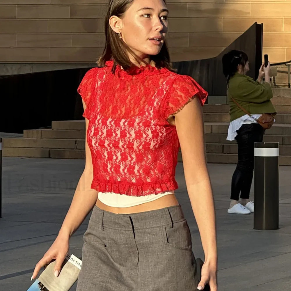 Lace Cap Sleeve Mesh Crop Top