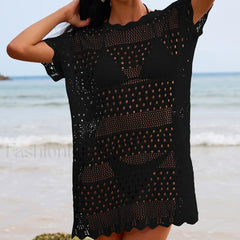 Lace Collar Mid Length Beach Cover Up Black / One Size