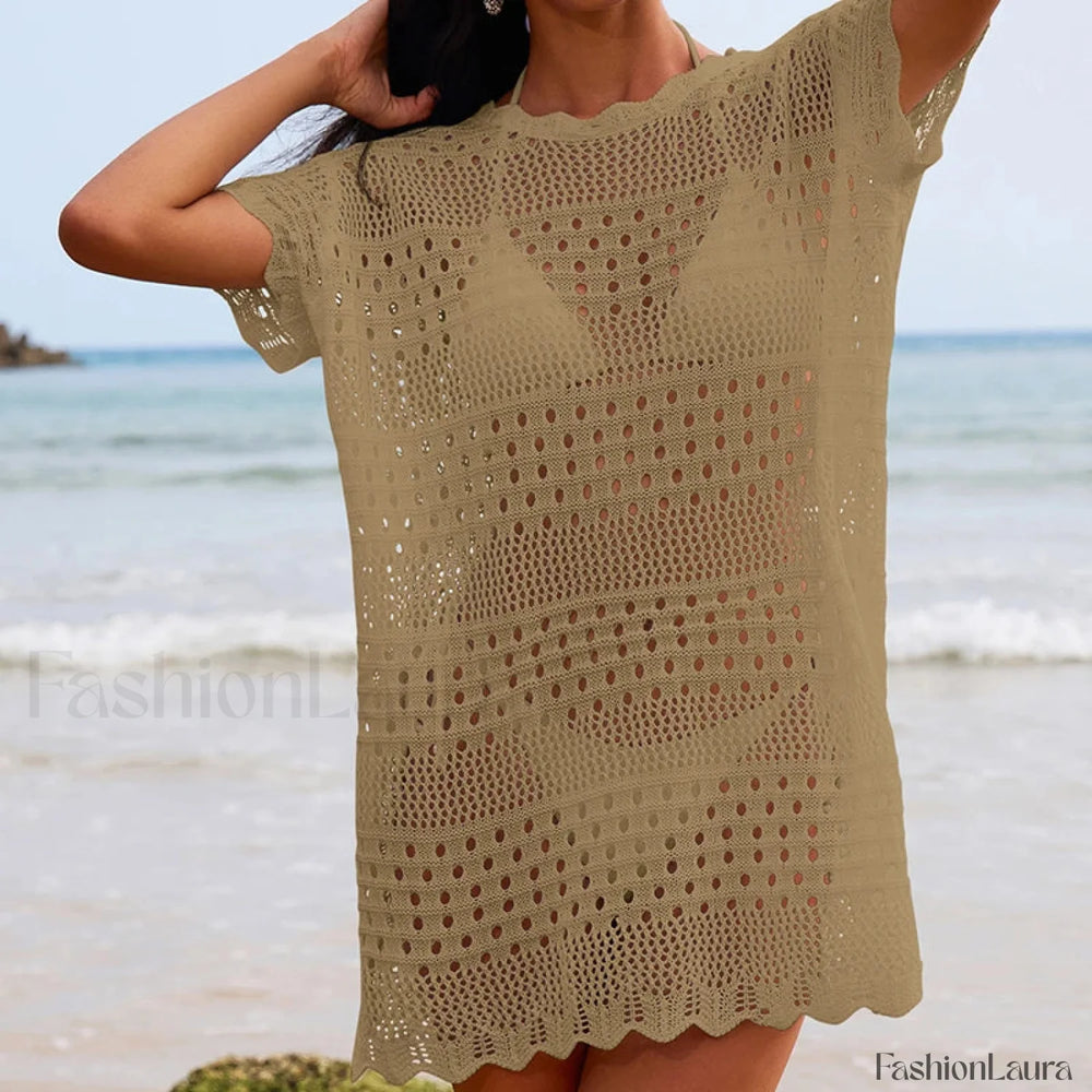 Lace Collar Mid Length Beach Cover Up Khaki / One Size