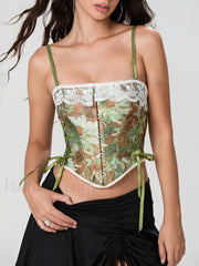 Lace Corset Tie Back Crop Top Green / S