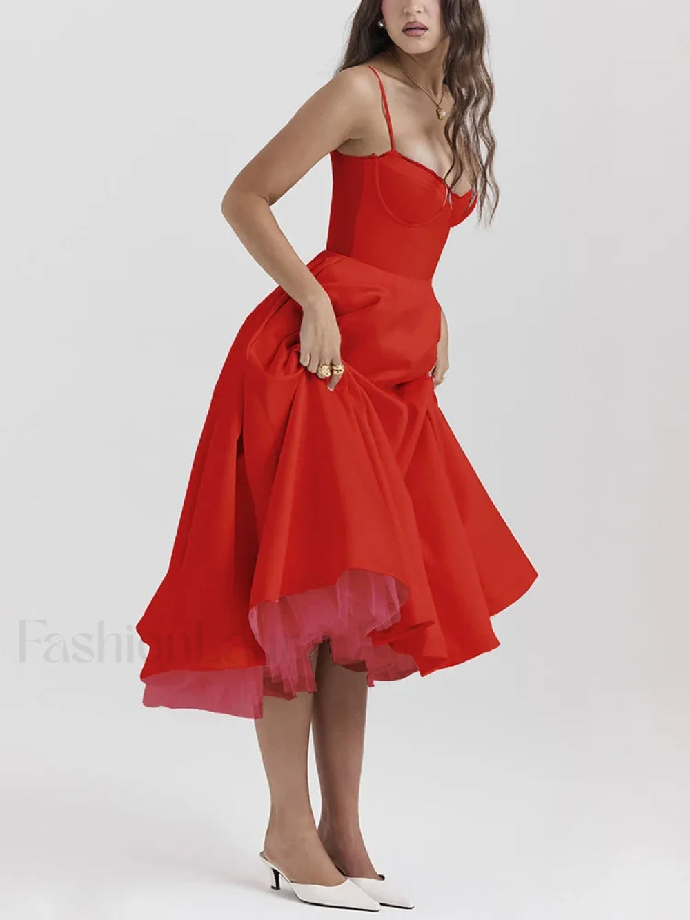 Lace Draped Off Shoulder Midi Dress Red / S