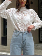 Lace Embroidery Floral Trendy Mock Neck Blouse Blouses