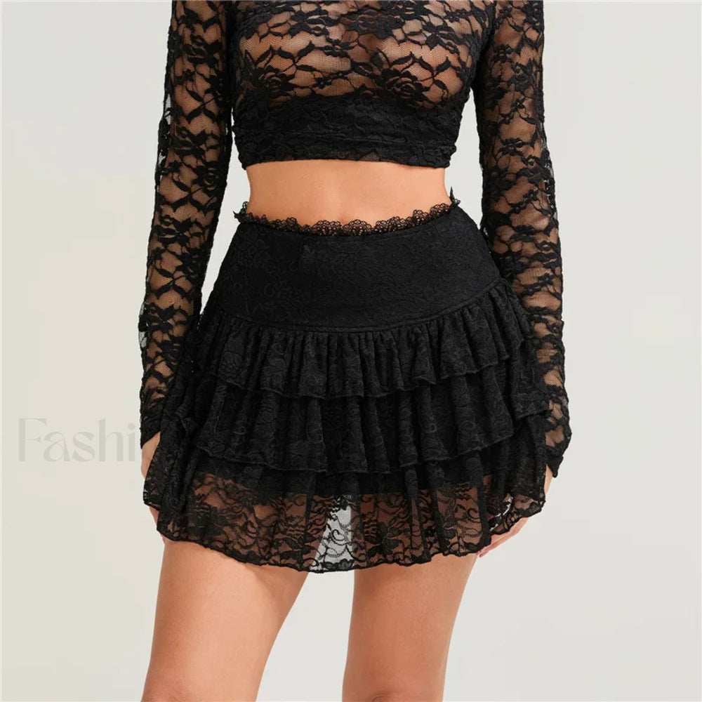 Lace Fairycore Korean Mini Skirt Black / S