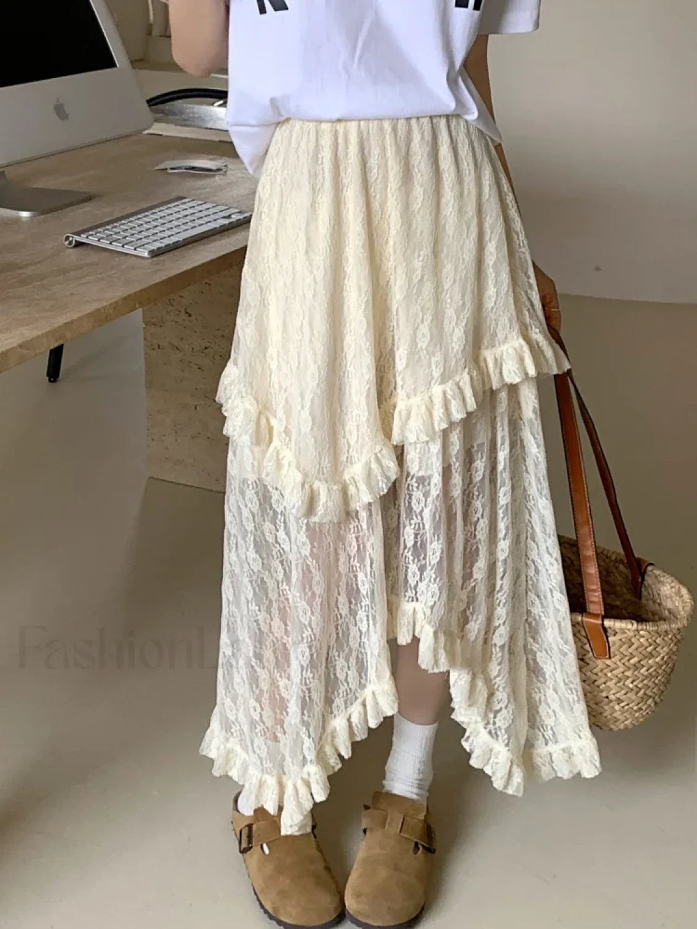 Lace Goth Asymmetrical Ruched Skirt Beige / S