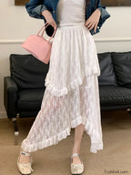 Lace Goth Asymmetrical Ruched Skirt White / S