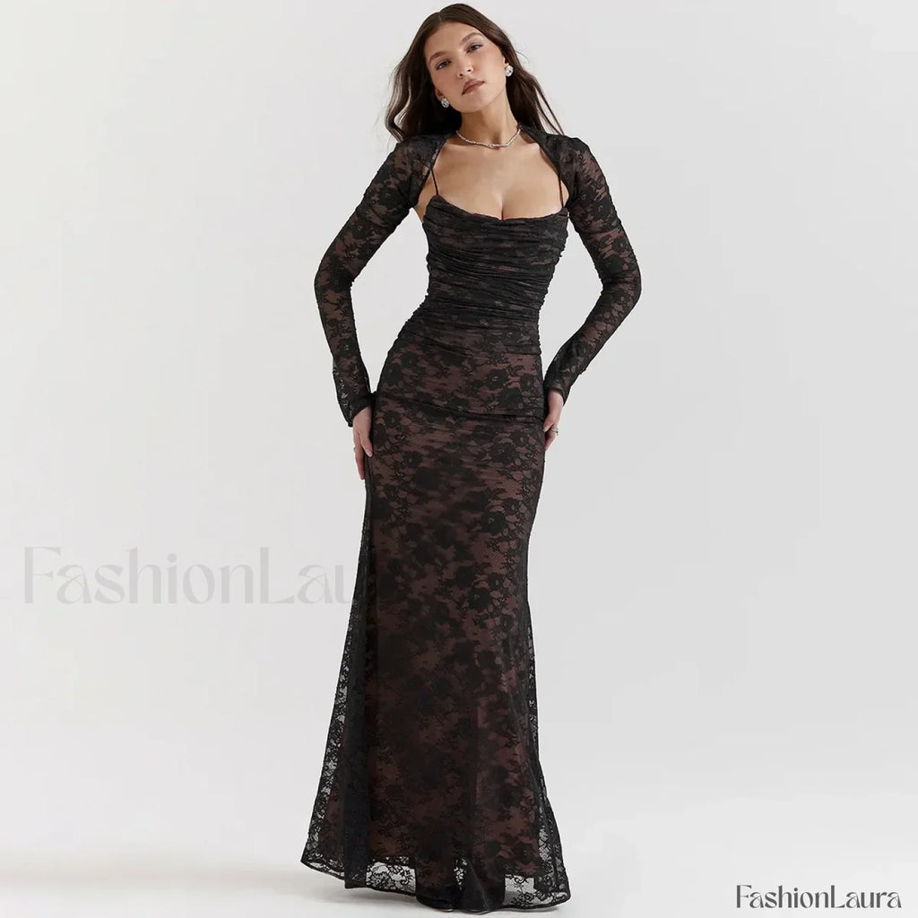Lace Hollow Cape Maxi Dress Black / S