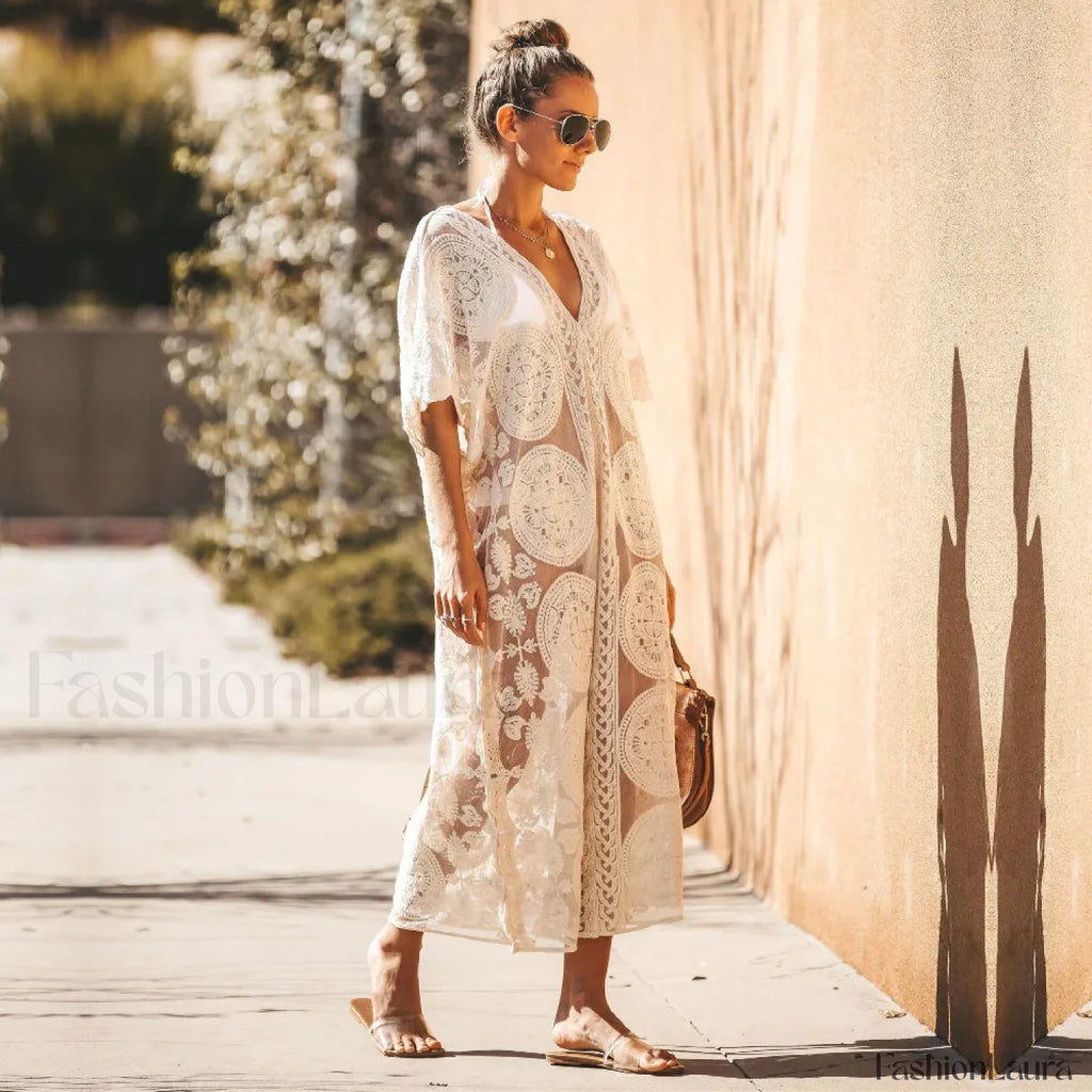 Lace Kaftan Pareo Beach Cover Up WHITE / One Size