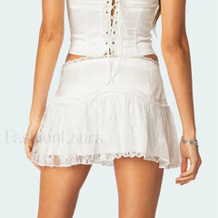 Lace Layered Ruffle Mini Skirt WHITE / S