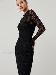 Lace Long Sleeve Trendy Mock Neck Maxi Dress Dresses