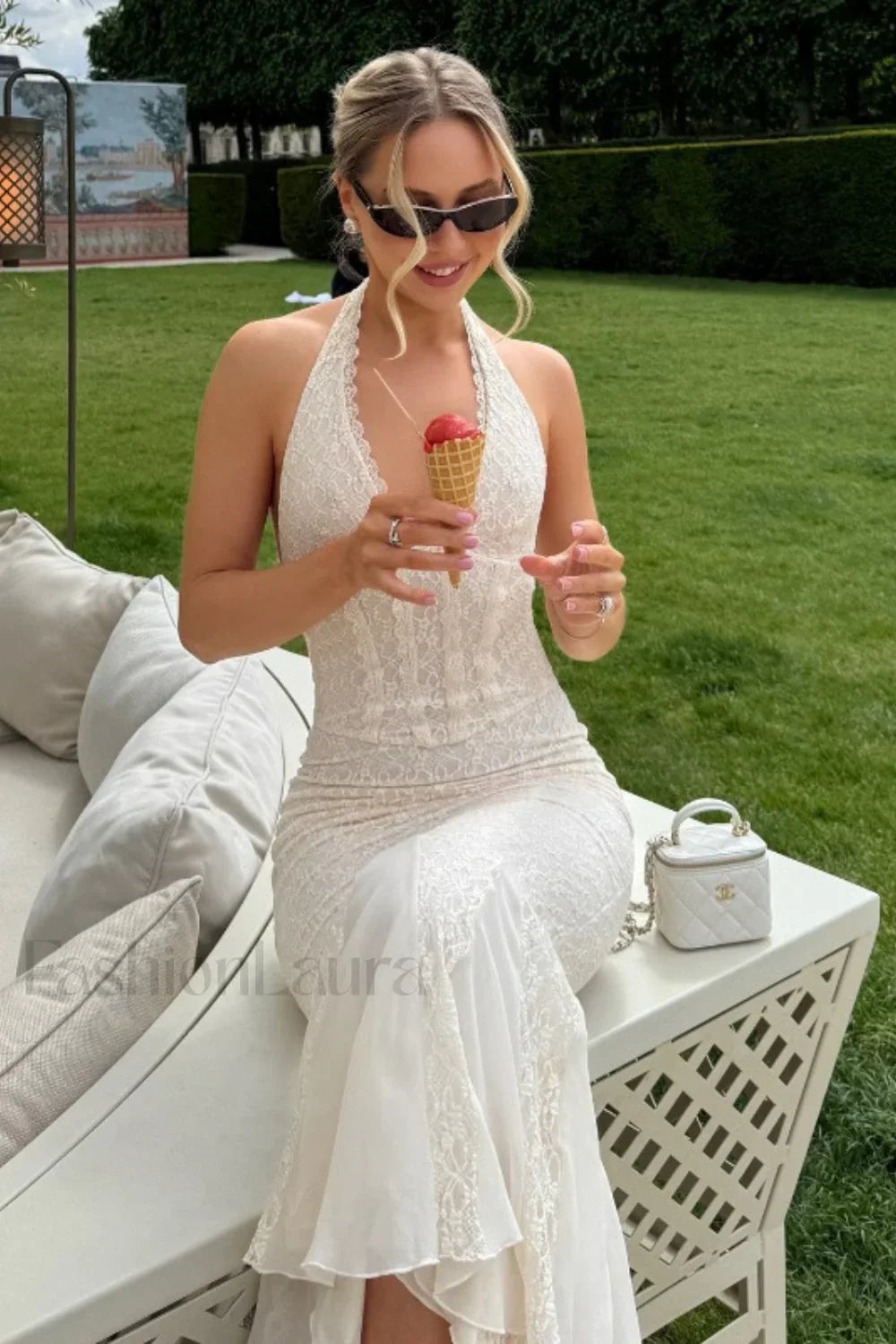 Lace Mesh Halter Backless Mermaid Maxi Dress Main image