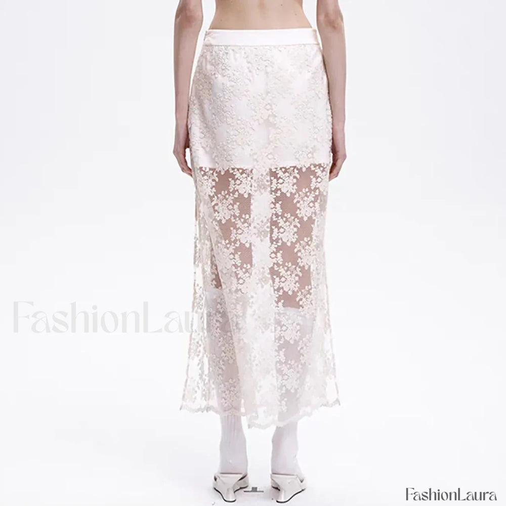 Lace Mesh Side Slit Crochet Skirt