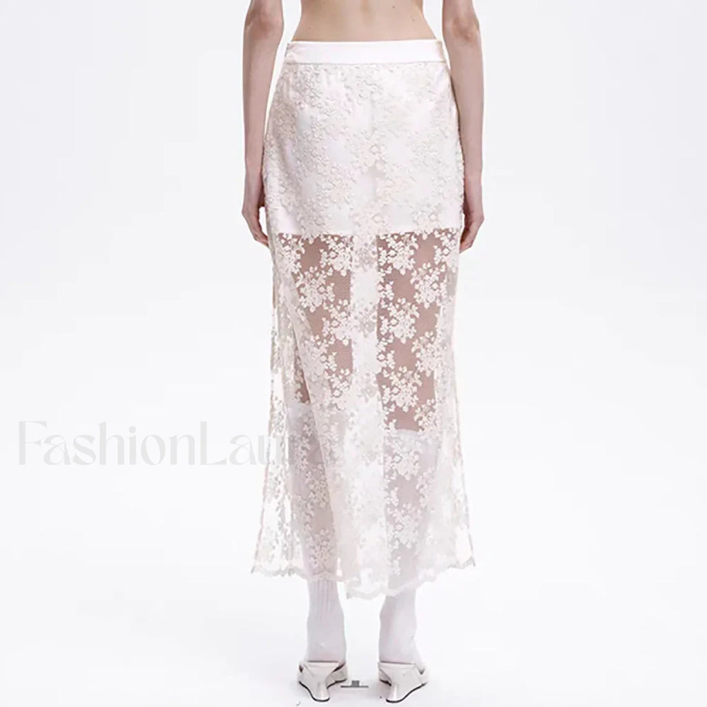 Lace Mesh Side Slit Crochet Skirt