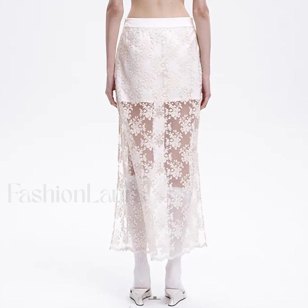 Lace Mesh Side Slit Crochet Skirt