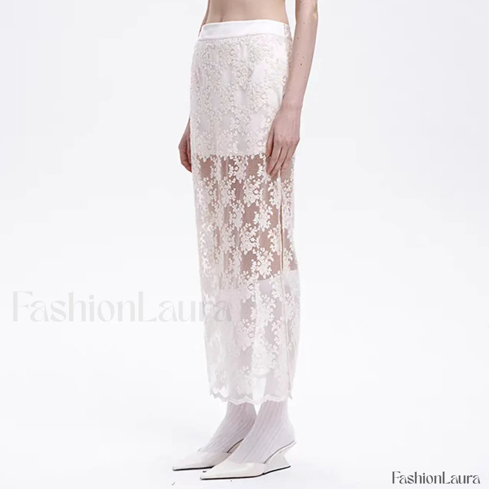 Lace Mesh Side Slit Crochet Skirt