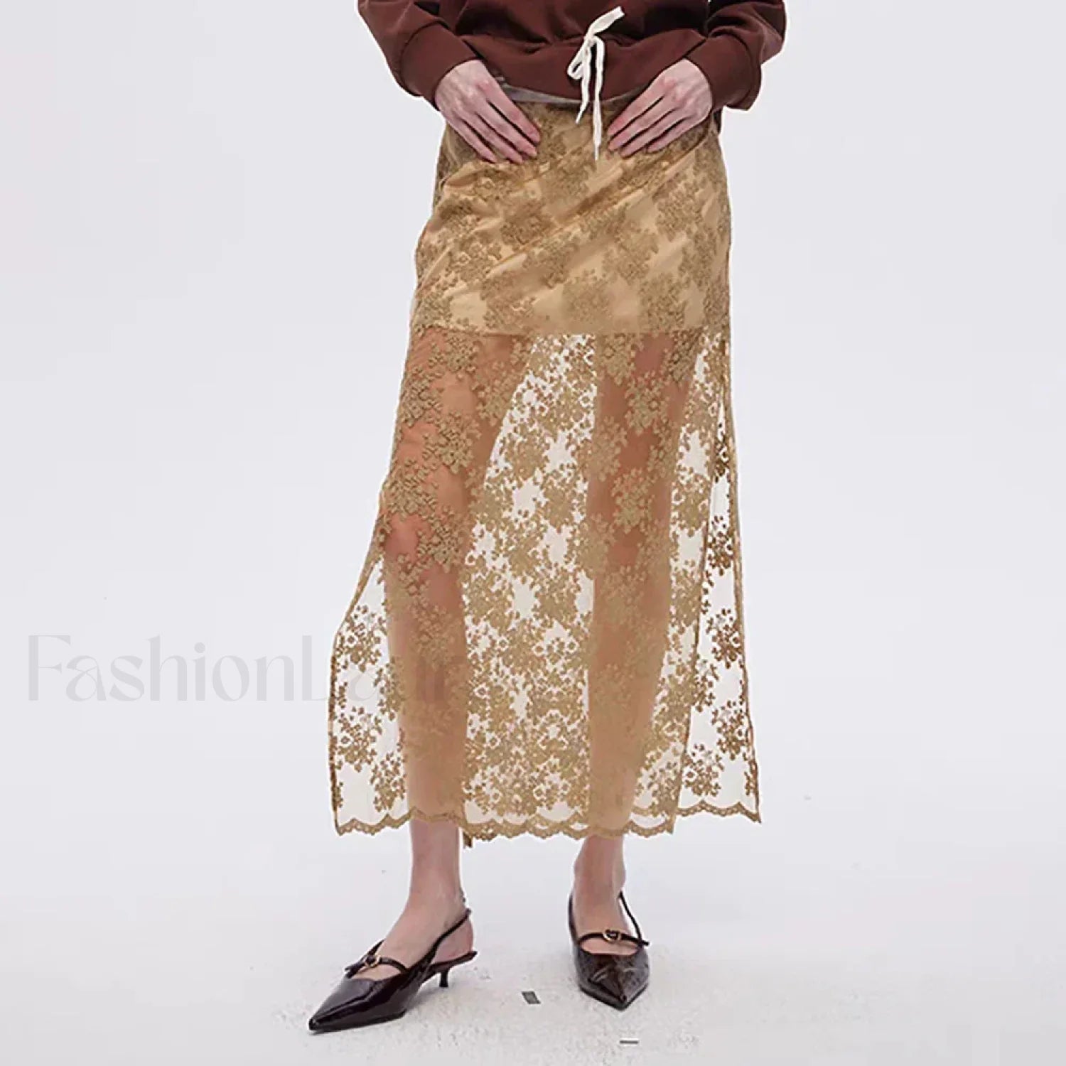Lace Mesh Side Slit Crochet Skirt BROWN / S Main image