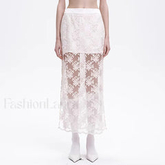 Lace Mesh Side Slit Crochet Skirt WHITE / S