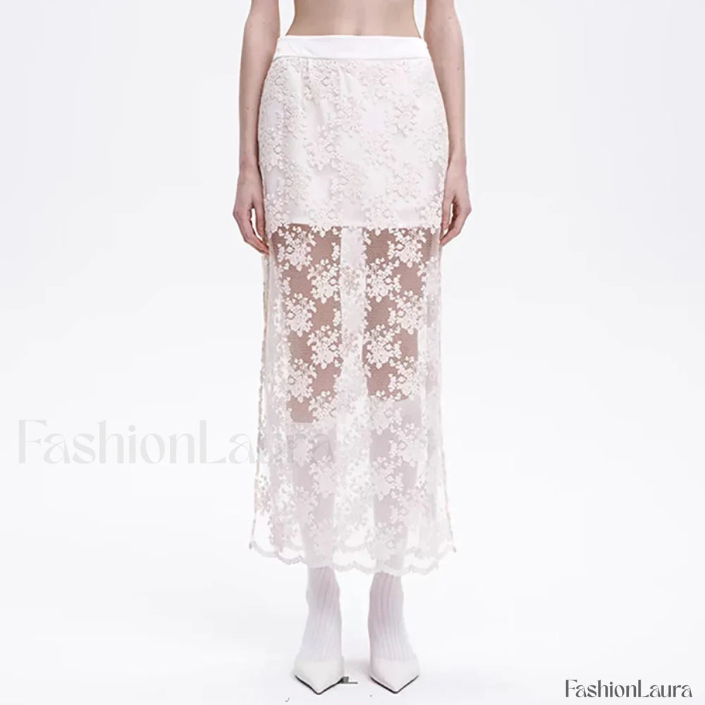 Lace Mesh Side Slit Crochet Skirt WHITE / S