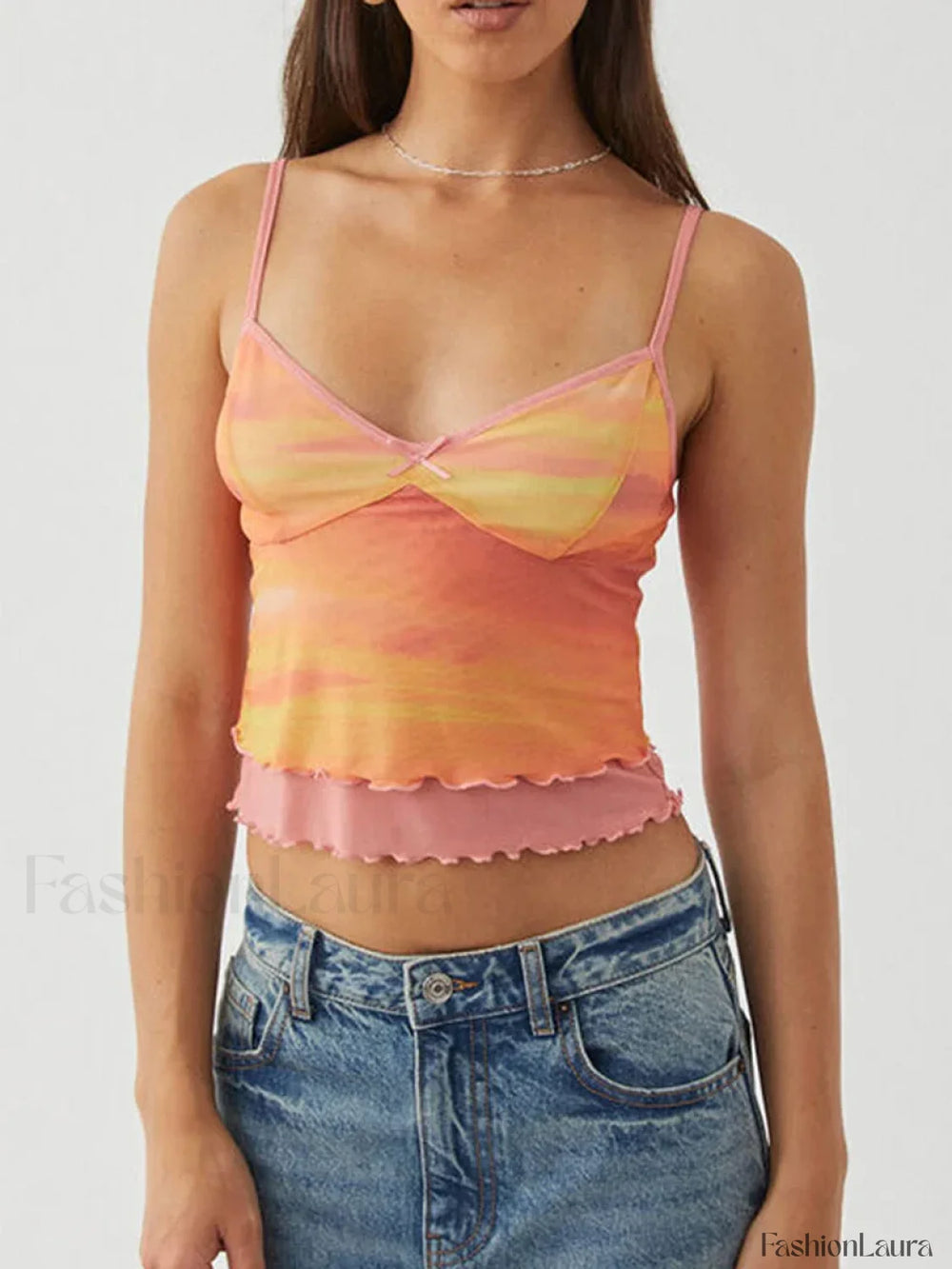 Lace Mesh V Neck Crop Top Orange / S