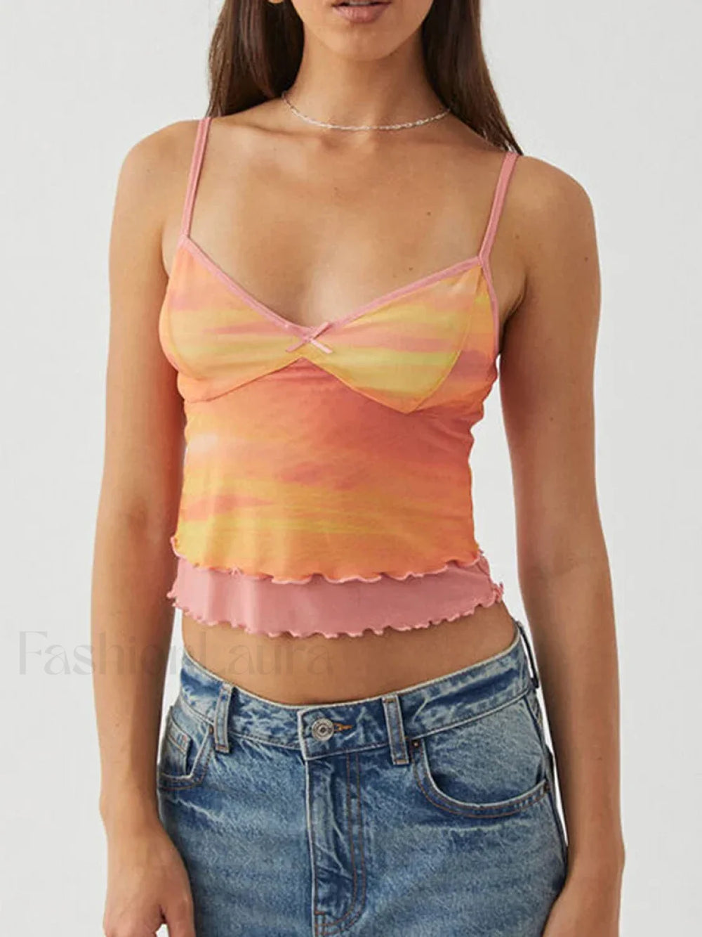 Lace Mesh V Neck Crop Top Orange / S
