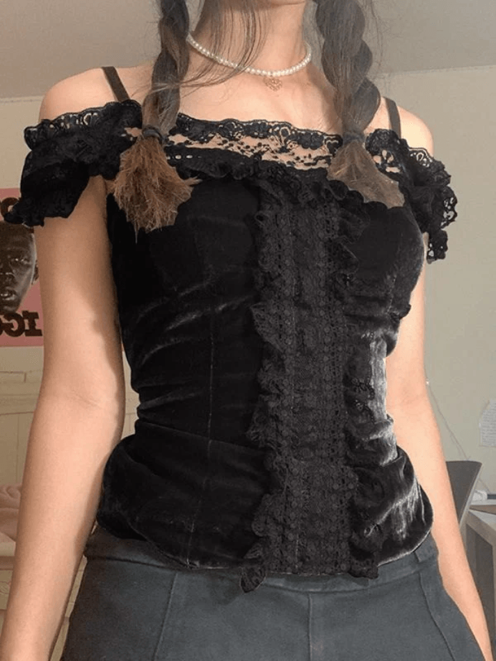 Lace Paneled Bardot Blouse Black / S Shirts Main image