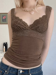 Lace Paneled Brown Tank Top Brown / S Tops&Tees