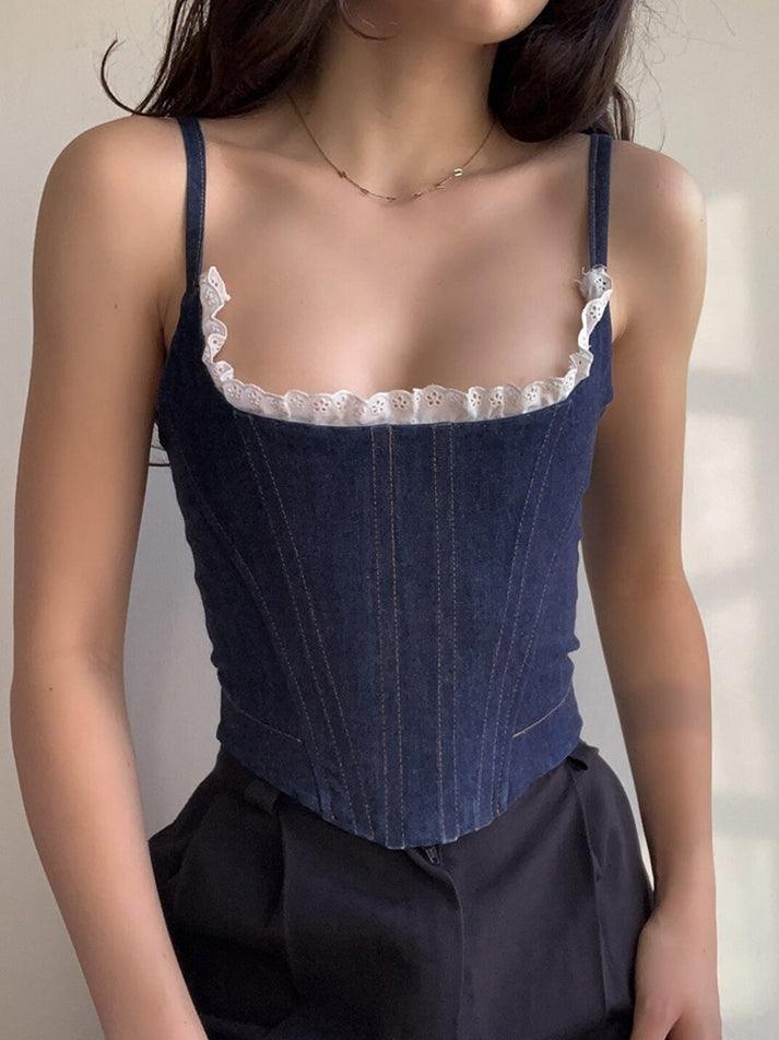 Lace Paneled Denim Corset Top Blue / S Tops&Tees Main image