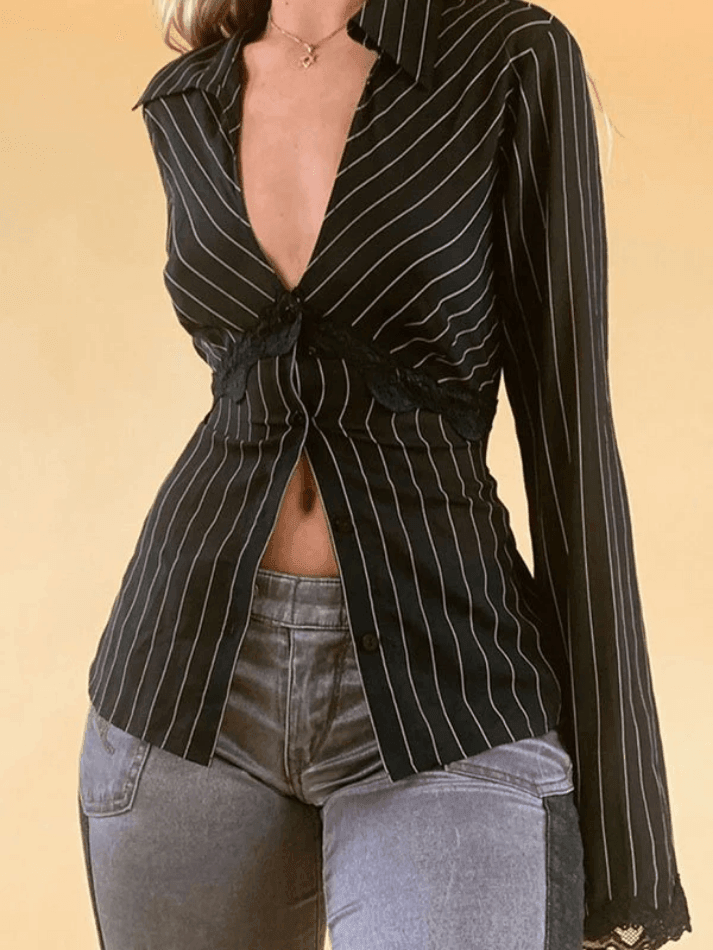 Lace Paneled Long Sleeve Striped Blouse Secondary image