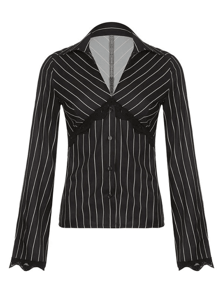Lace Paneled Long Sleeve Striped Blouse Tops&Tees