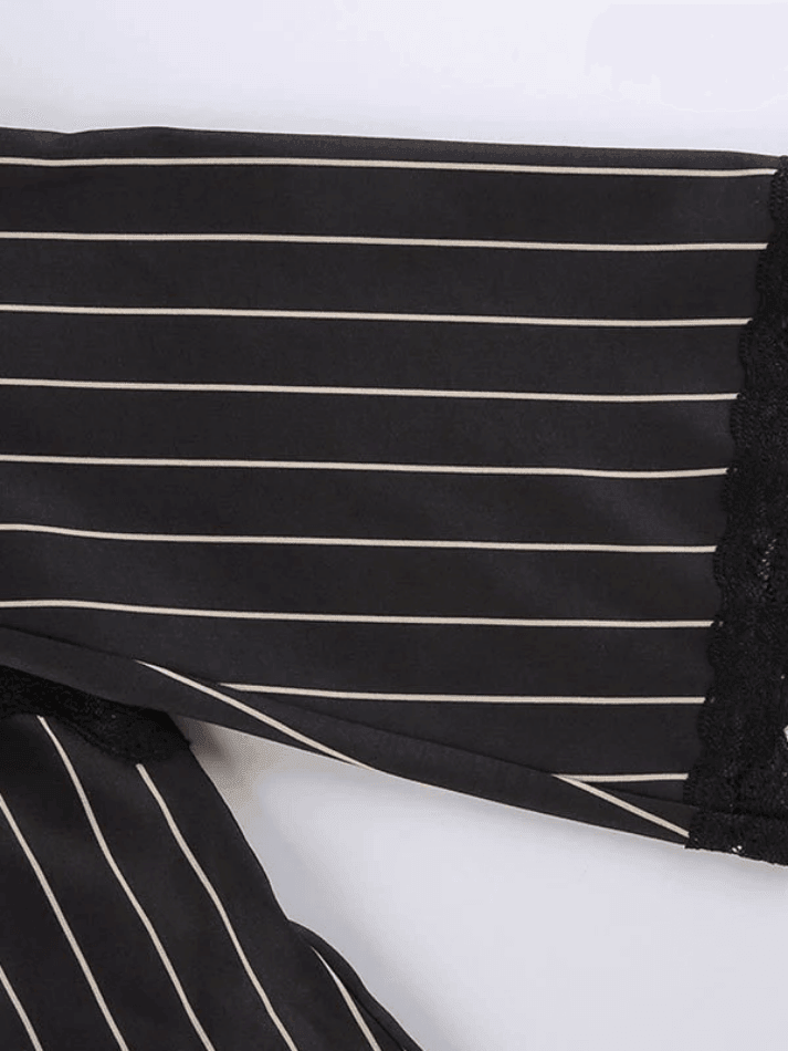 Lace Paneled Long Sleeve Striped Blouse Tops&Tees