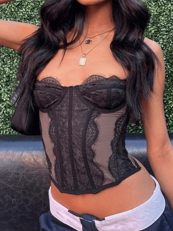 Lace Paneled Mesh Corset Top Black / S Tops&Tees