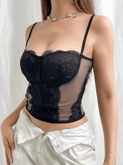 Lace Paneled Mesh Corset Top Tops&Tees